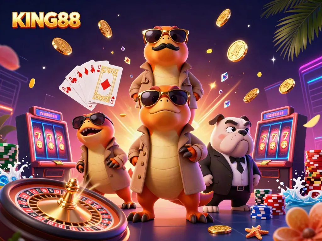 Join the adventure at KING88 with cartoon raptors sneaking into a casino lounge amidst flying coins and a bouncer.