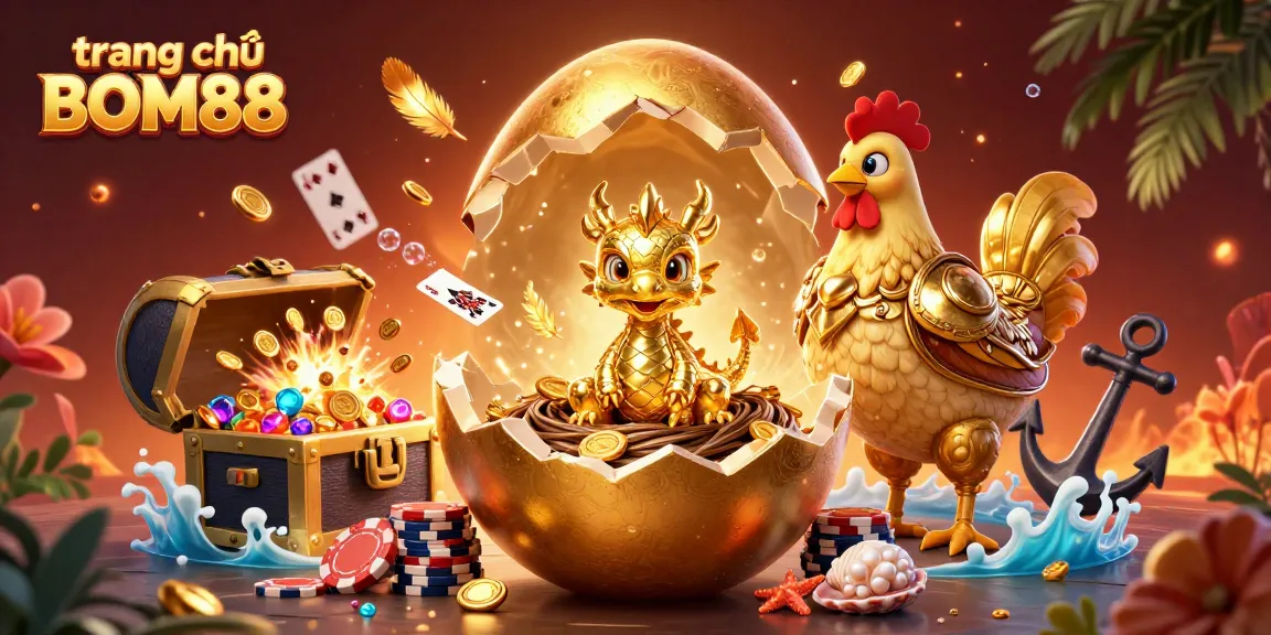 Experience the excitement of trang chủ BOM88 with golden dragon and poker chips surrounded by treasure.