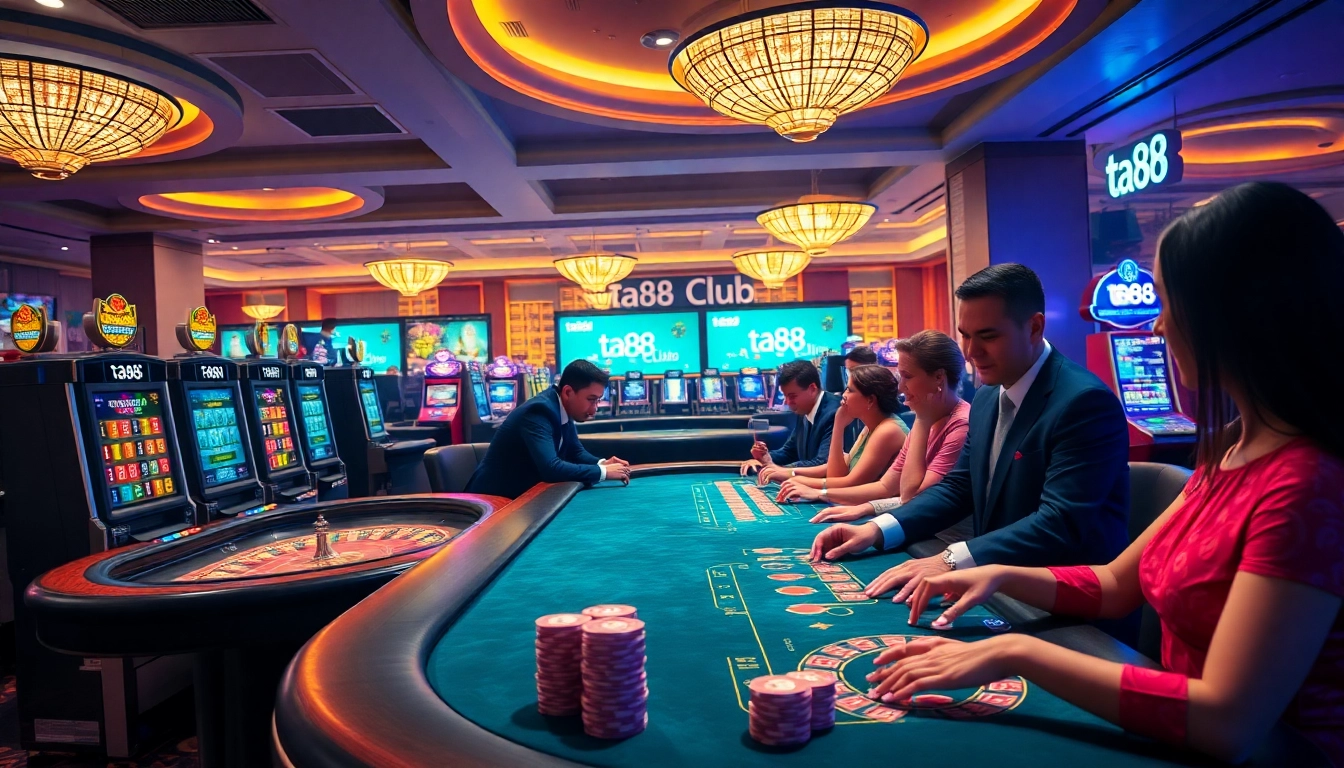 Exciting gaming action at ta88 club with professional dealers and vibrant casino elements.