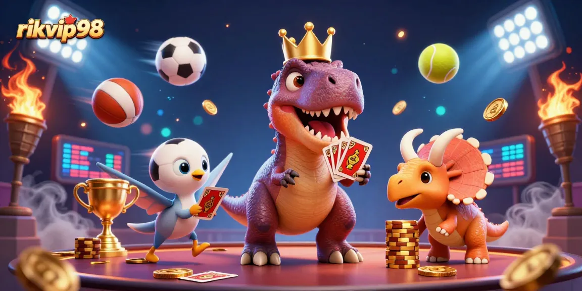 Engage in thrilling gameplay at rikvip98 with a vibrant 3D illustration featuring casino characters and dynamic game elements.
