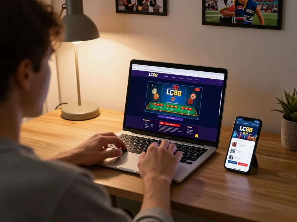 Engaging with LC88 online casino gaming from home, showcasing interactive betting strategies.