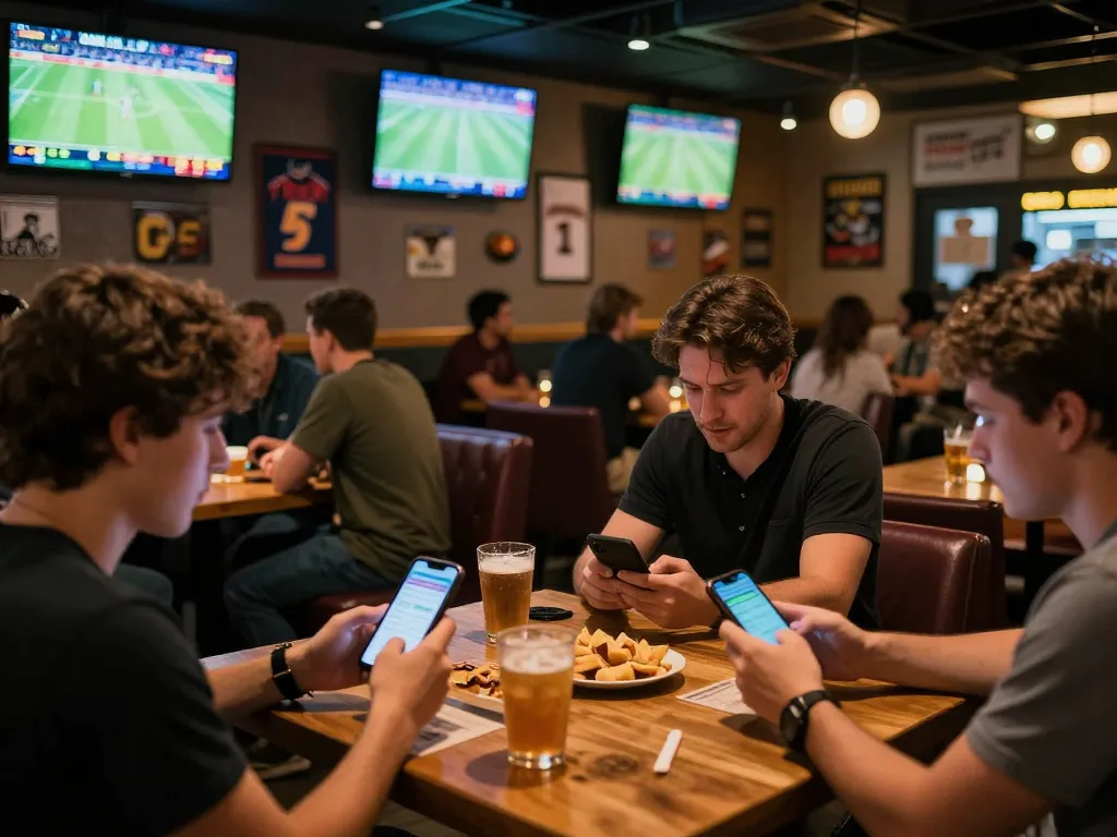 Sports betting excitement at a bar with patrons engaging in keonhacaii88 live match betting