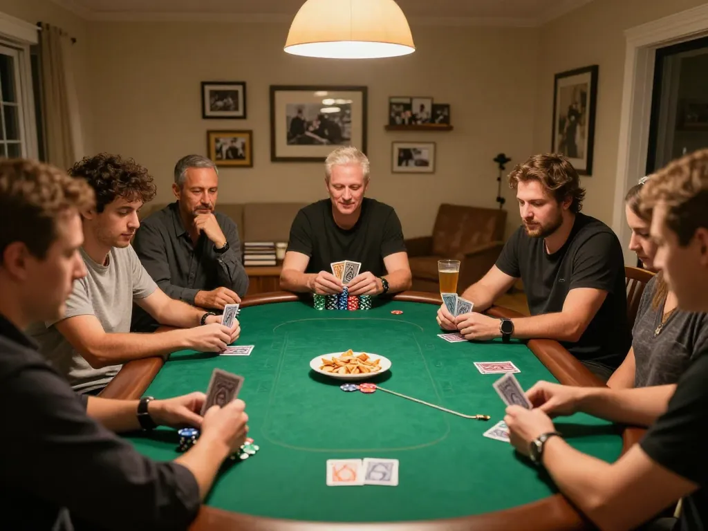 Friends enjoying a lively poker game at home, showcasing strategic gameplay with bong88 chips and cards.