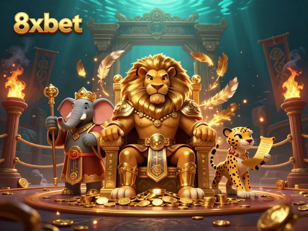 Experience thrilling wins at 8xbet with a dynamic casino adventure scene illustrating a lion king and his advisors.