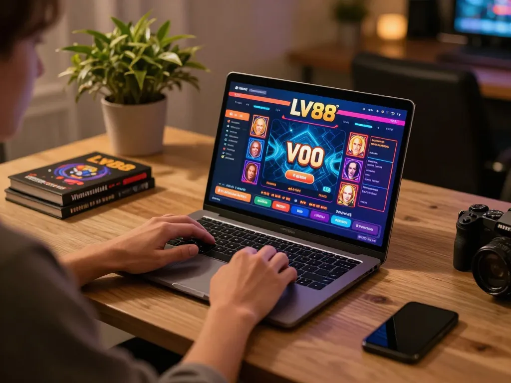 Engaging in casino gaming on LV88's online platform, showcasing vibrant interface and cozy atmosphere.