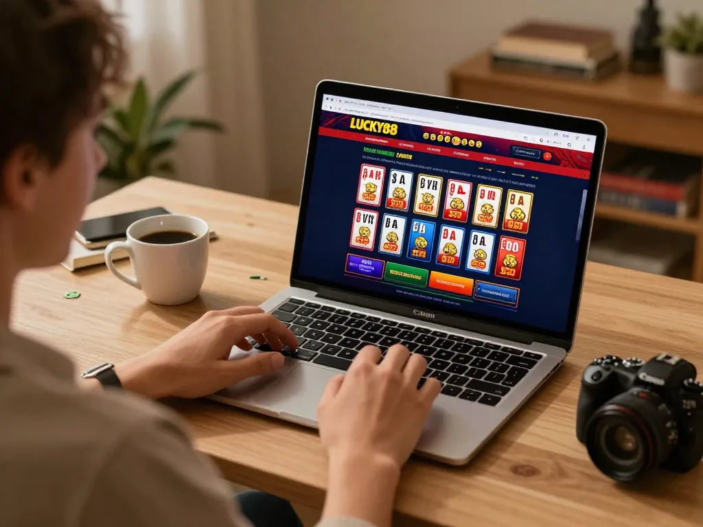 Player engaging with LUCKY88 online casino on a laptop in a cozy home setting.