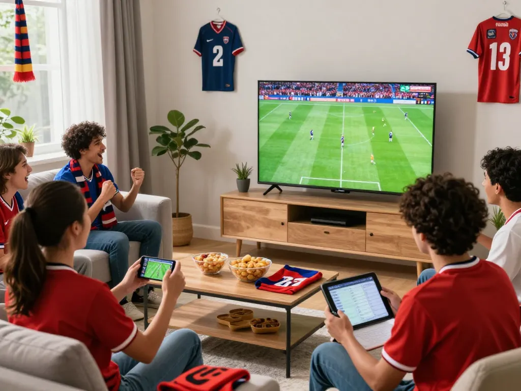 Fans enjoying an exciting football match at home with https://cakhiatv.design/, showcasing a lively sports streaming experience.