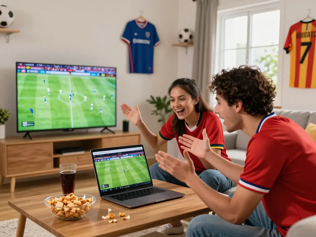 Friends analyzing live football scores on NOWGOAL while enjoying game night together in a cozy living room setting.