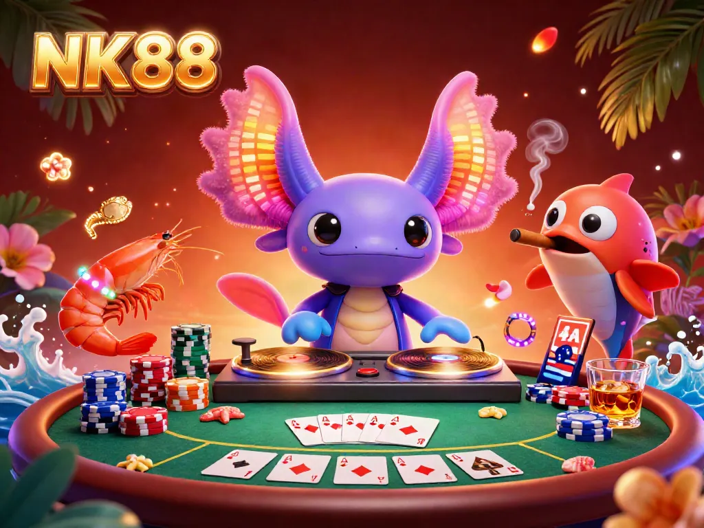 Experience electrifying fun with NK88 at this vibrant casino party featuring colorful characters and poker elements.