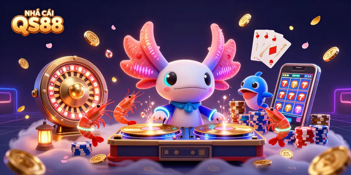 Engage with NHÀ CÁI QS88's vibrant casino world, featuring a neon axolotl DJ and dynamic gaming elements.