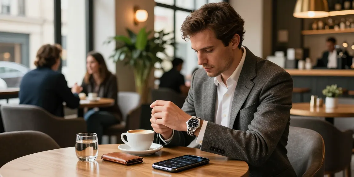 Man admiring a replica watch in a chic café, showcasing luxury and lifestyle.