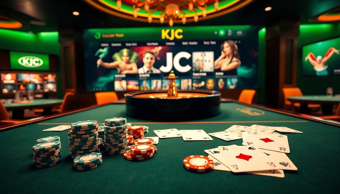KJC showcases an engaging poker scene with chips and cards at a luxury casino table.