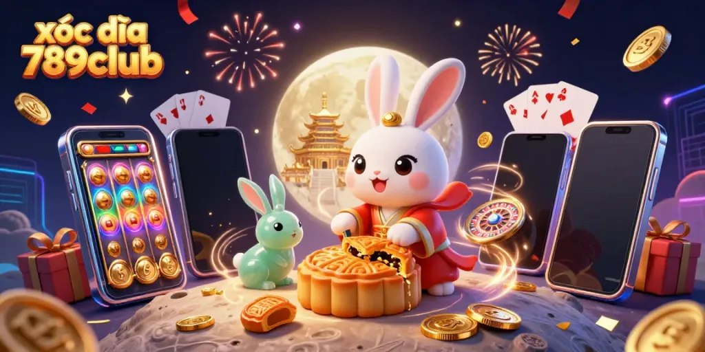 Xóc đĩa 789club features a cartoon moon rabbit playing and revealing poker chips in a festive casino scene.