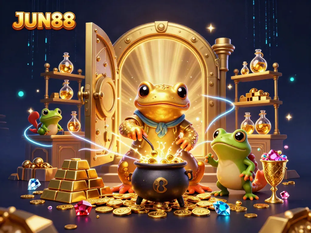 Experience thrilling gameplay with JUN88, a vibrant casino illustration showcasing golden treasures and magical elements.