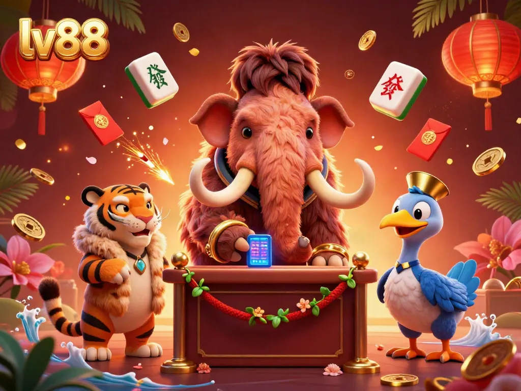 Experience the excitement at lv88 with a cartoon mammoth bouncer, a saber-tooth guest, and rich casino elements.