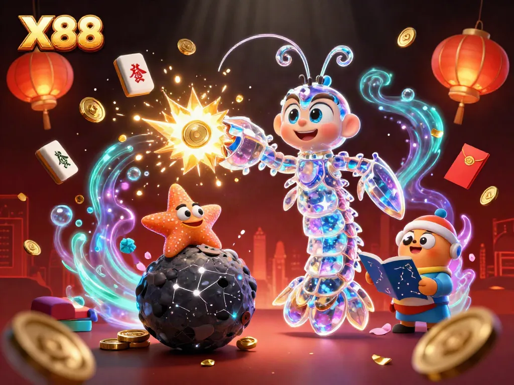 Experience the excitement of X88 with a galactic mantis shrimp battling asteroids in a vibrant casino-themed universe.
