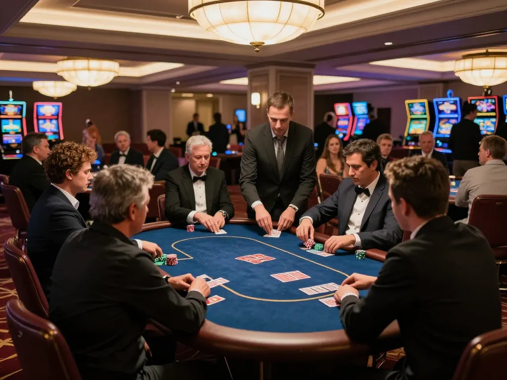 Players enjoy dynamic poker action at 13Win's upscale casino, showcasing excitement and strategy.