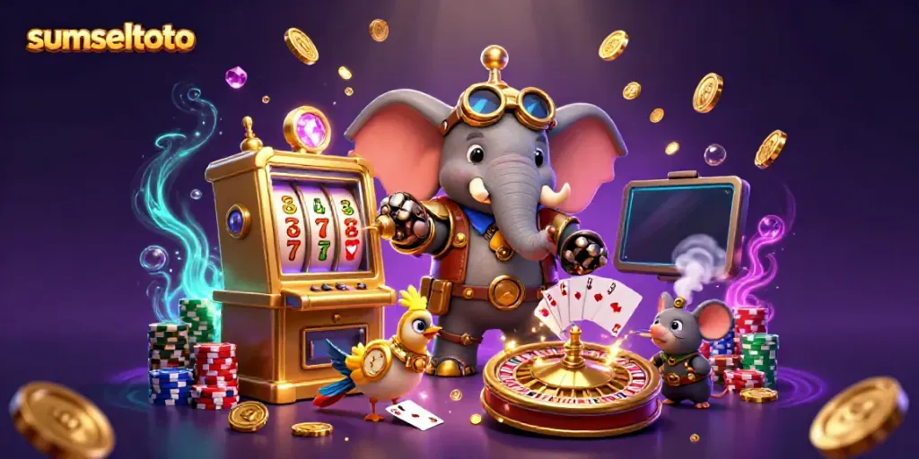 Engage with the vibrant energy of sumseltoto featuring a steampunk elephant at a golden slot machine in a rich casino setup.