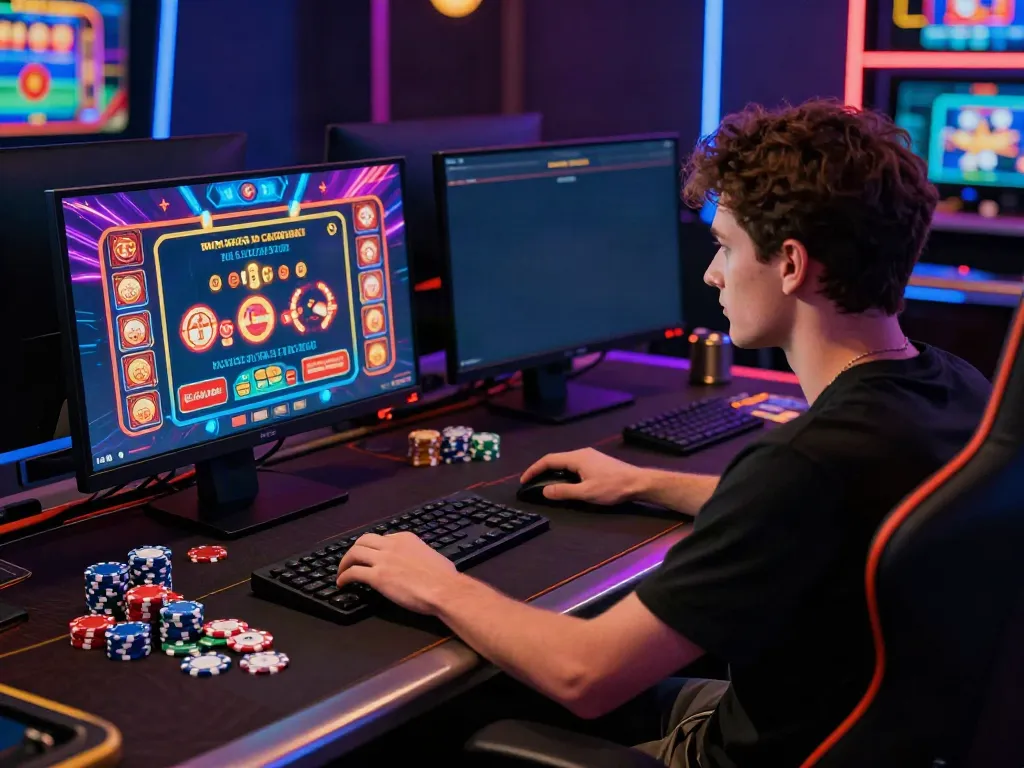 Engaged player exploring casinos not on GamStop on a computer with colorful casino game graphics.
