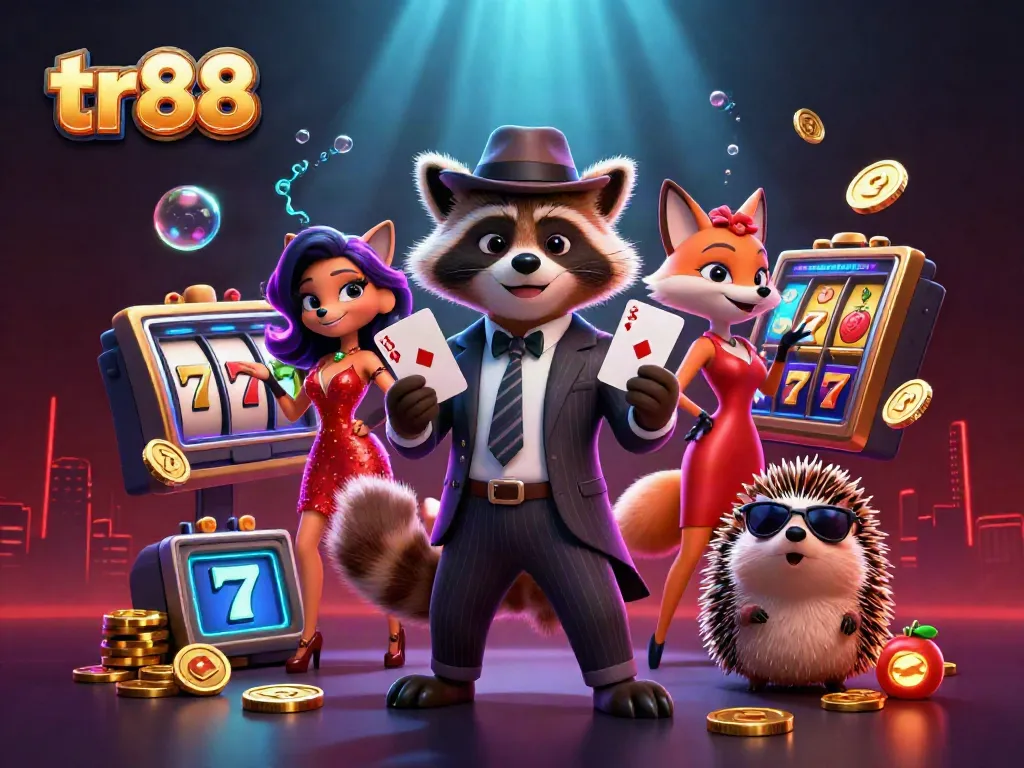 Experience the thrill of tr88 with a raccoon and fox playing high-stakes slots under a vibrant casino scene.