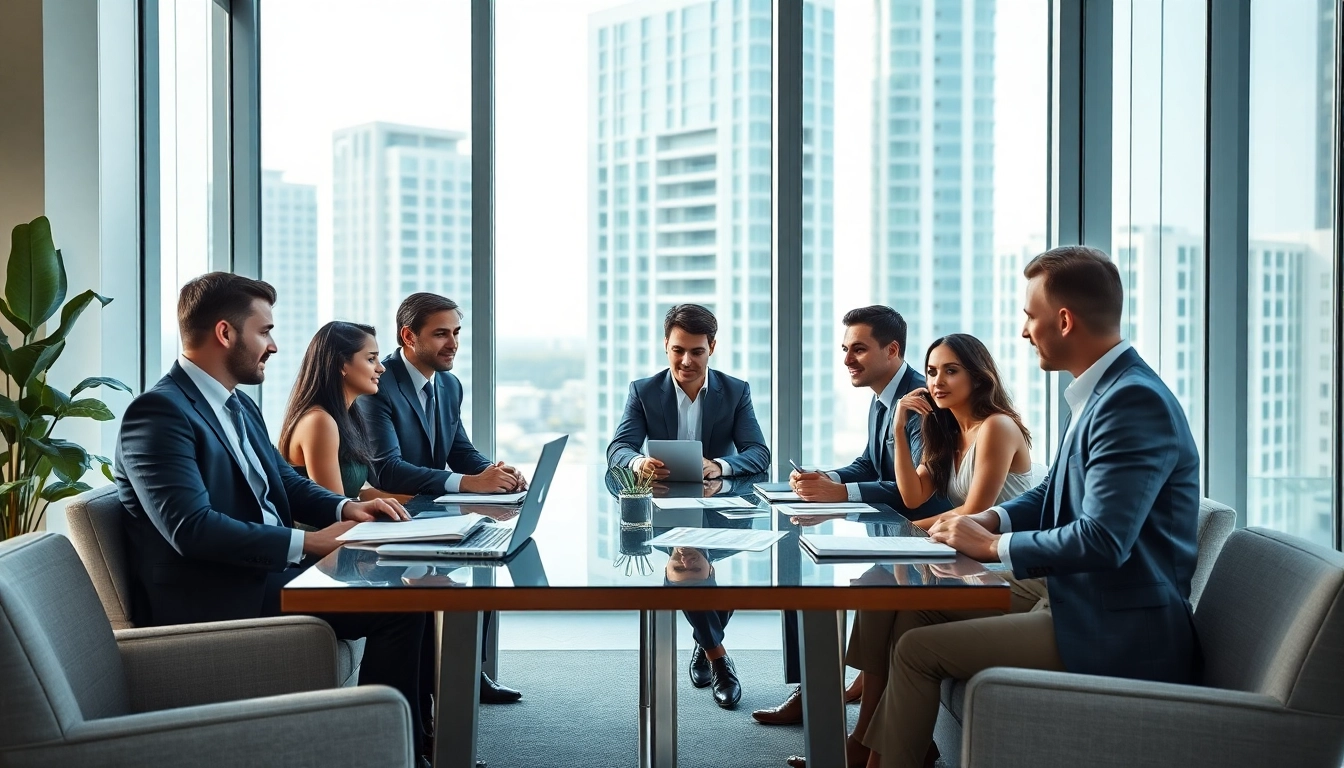 Business lawyer in the US collaborating in a modern Miami law office with a diverse team.