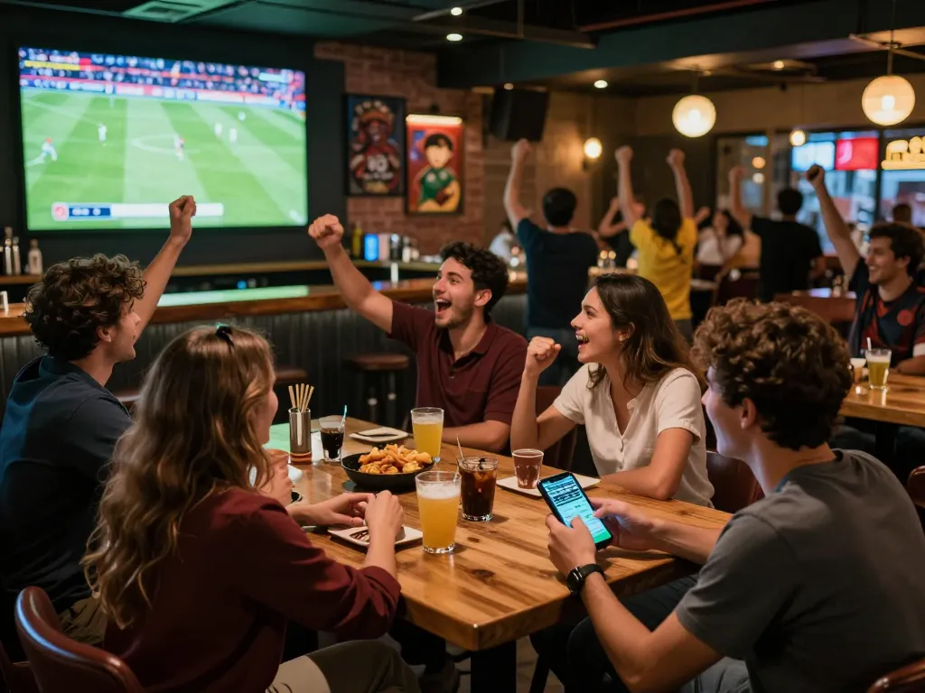 Cakhia TV viewers placing bets while enjoying a live soccer game at a vibrant sports bar