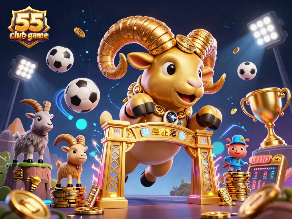 Experience the thrill of 55 club game featuring a golden ram charging at hidden treasures amidst dynamic sports elements.