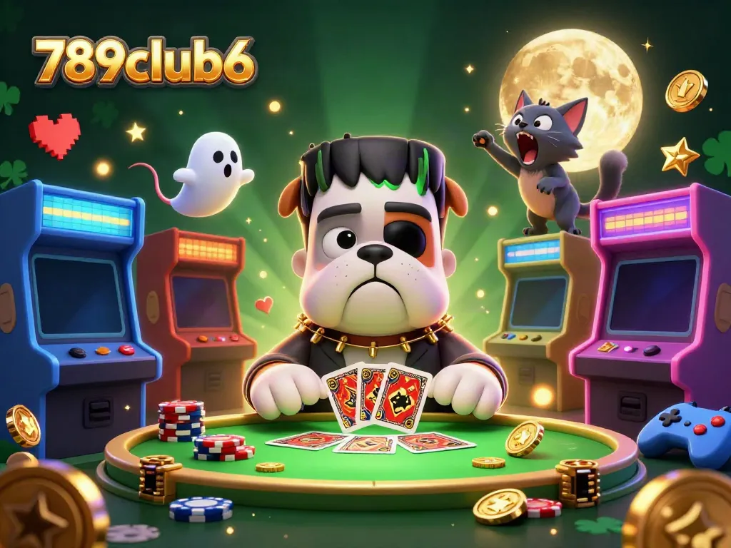 Join the fun at 789club6 with a card-dealing bulldog and a ghost mouse in a spirited casino scene.