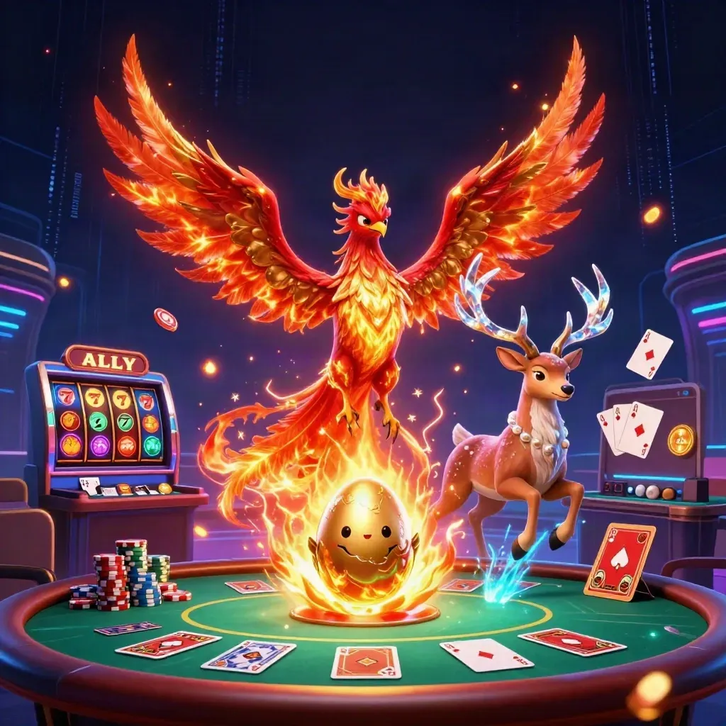 Phoenix, hatchling, and crystal stag amid casino chips, cards, reels, and neon energy