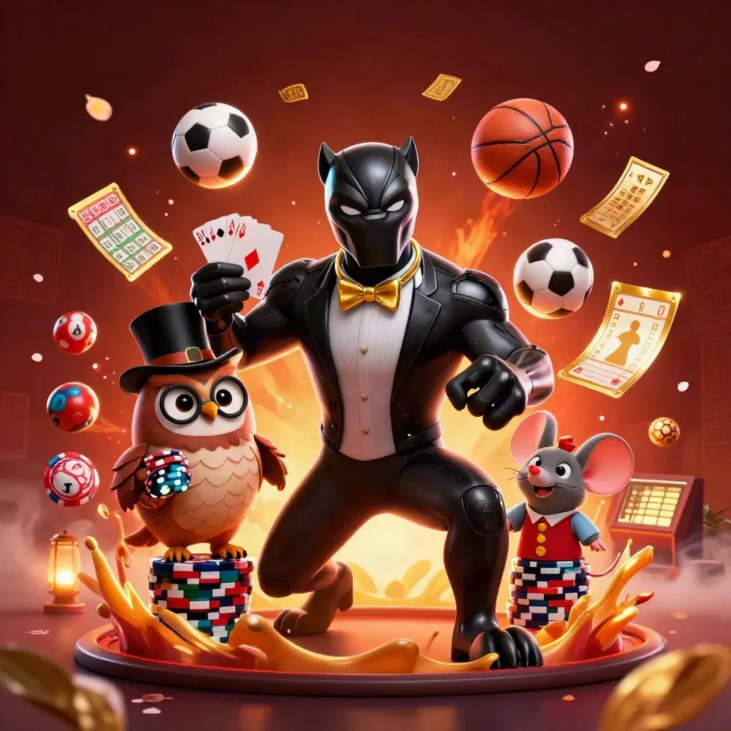 Panther, owl, and mouse amid chips, balls, cards, wheel, petals, and glowing casino light.