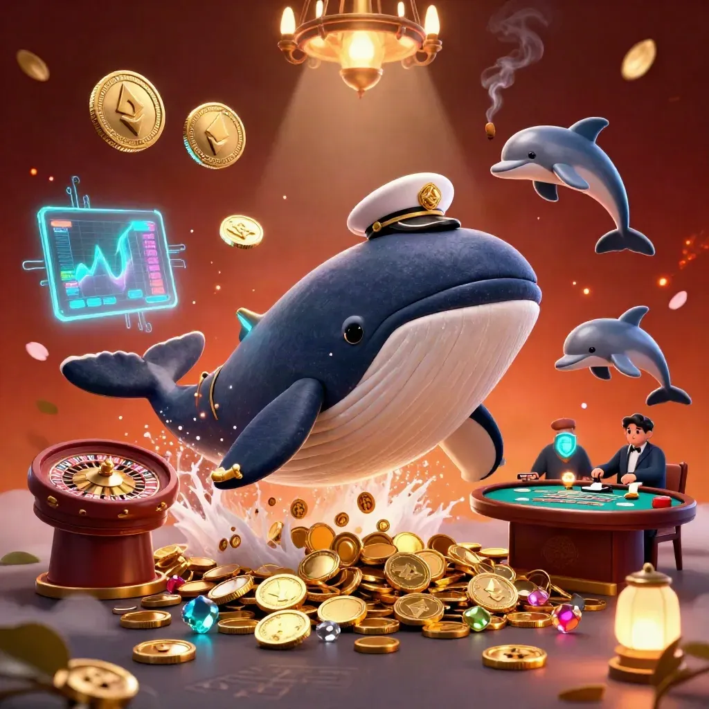 Whale captain, narwhal, and dolphins in a luxe casino room with coins, neon tech, and ember glow.