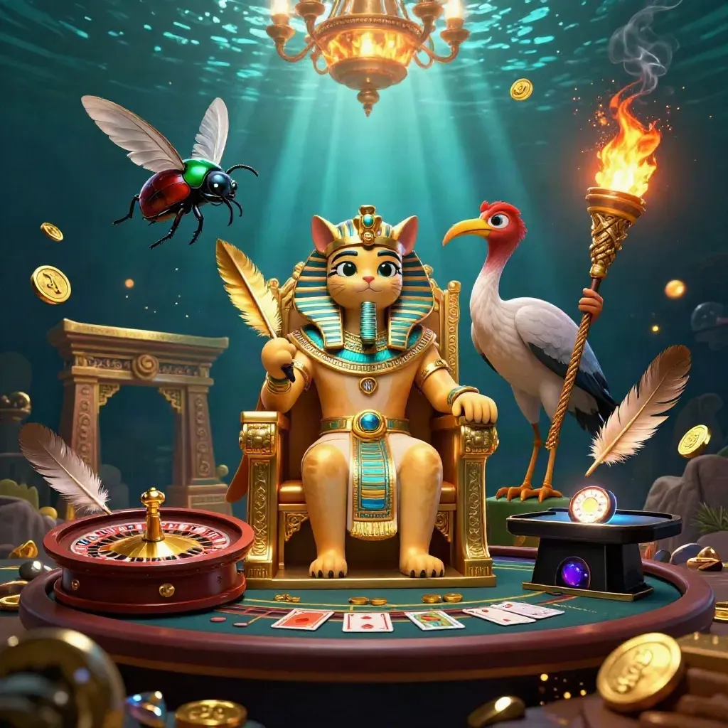 Pharaoh cat, ibis scribe, and gem-wing scarabs in a luxe casino-fantasy scene.