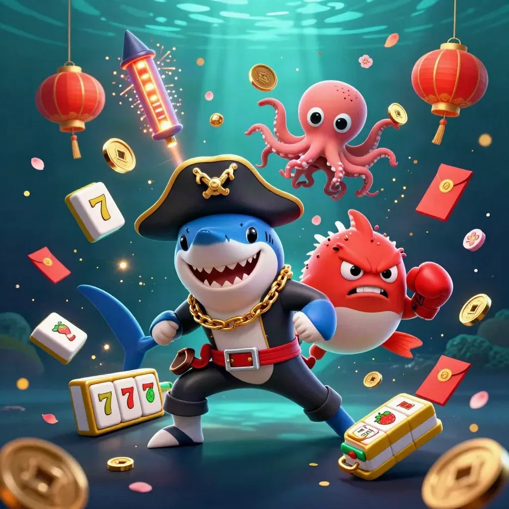 Pirate shark, boxing pufferfish, and coin-juggling octopus amid casino treasures underwater