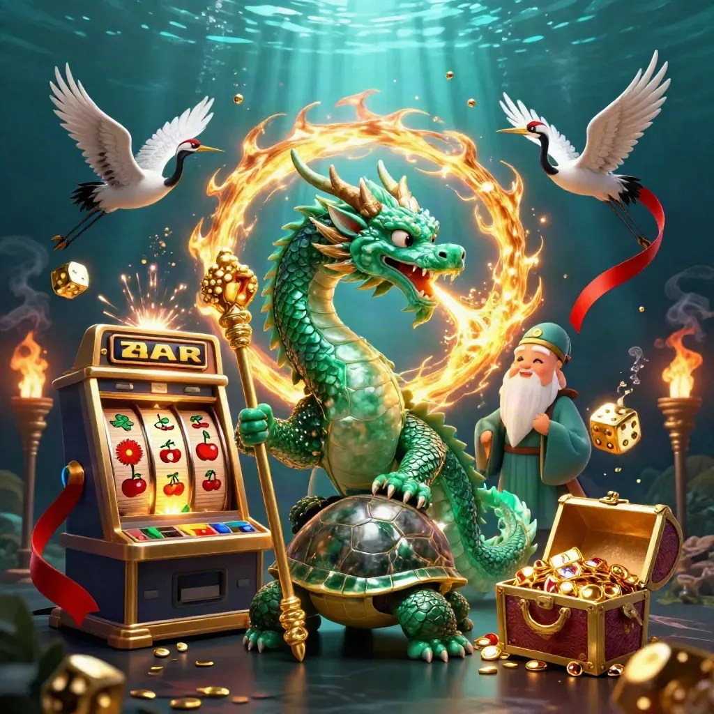 Emerald dragon, turtle sage, and cranes amid casino treasure bursts in neon teal underwater light.