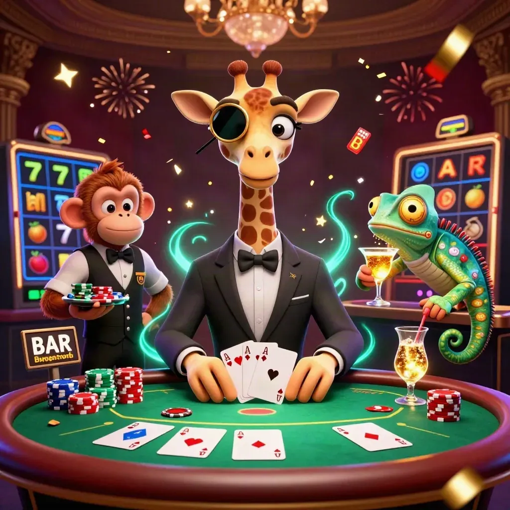 Giraffe, monkey, and chameleon casino trio amid chips, cards, confetti, and neon teal magic.