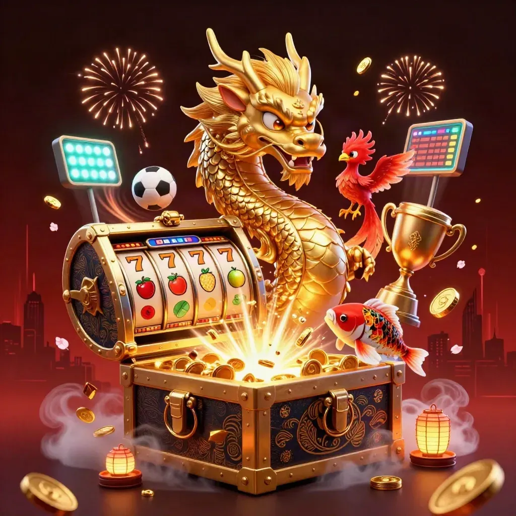 Golden dragon, phoenix, koi, coins, reels and fireworks in a neon casino burst.