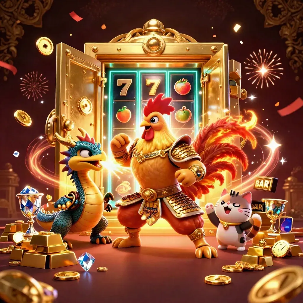 Rooster warrior, dragon hatchling, and fortune-cat amid vault gold, sparkles, fireworks, and casino reels.