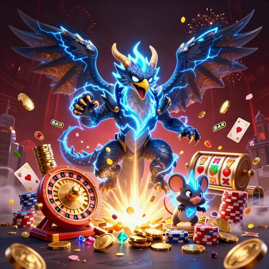 Thunder dragon, wind hawk and static mouse amid coins, gems, roulette and fireworks
