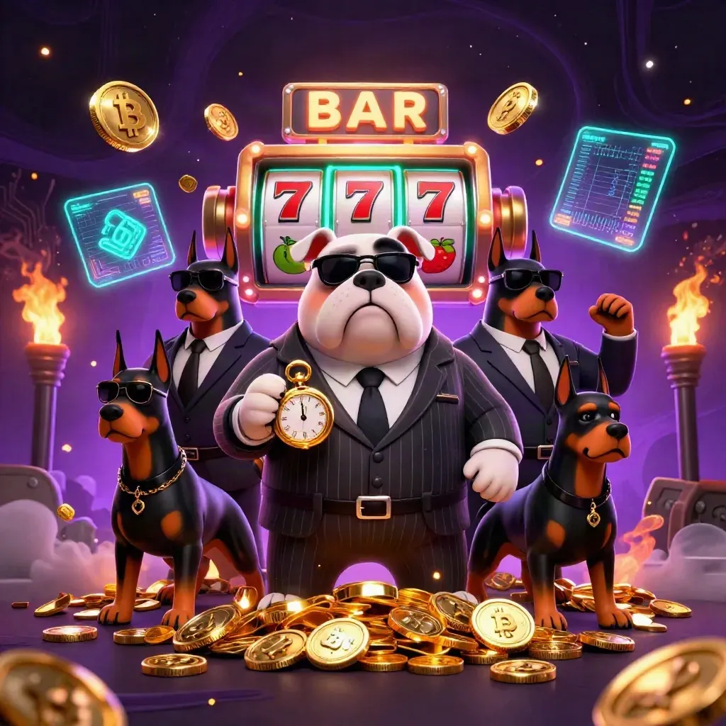 Bulldog boss and two Dobermans amid exploding gold coins, reels, lightning and casino glow.