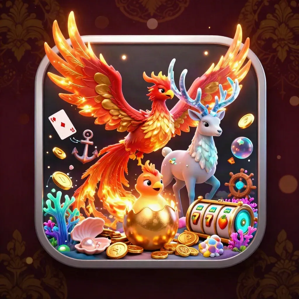 Glowing phoenix, hatchling egg, and crystal stag amid casino symbols and treasure.