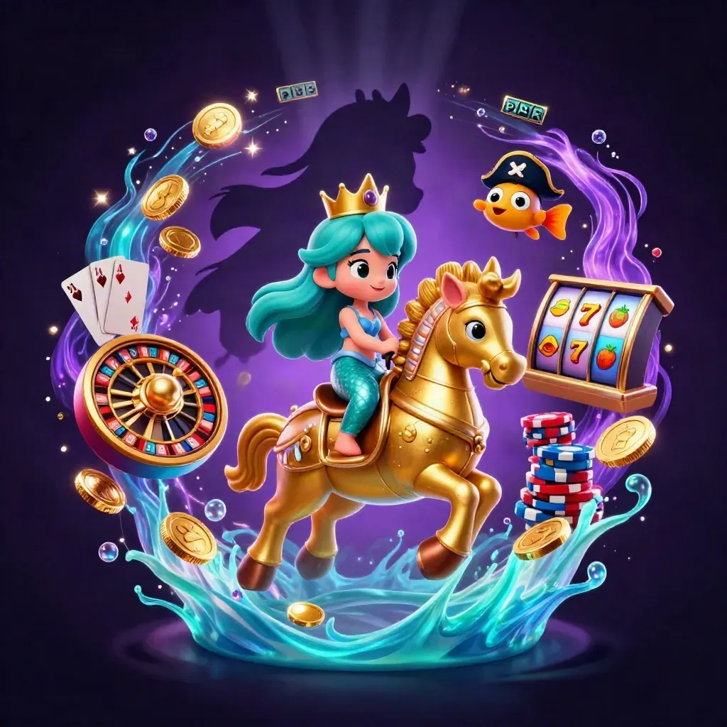 Mermaid princess riding a golden seahorse amid coins, chips, cards, reels, and neon casino magic