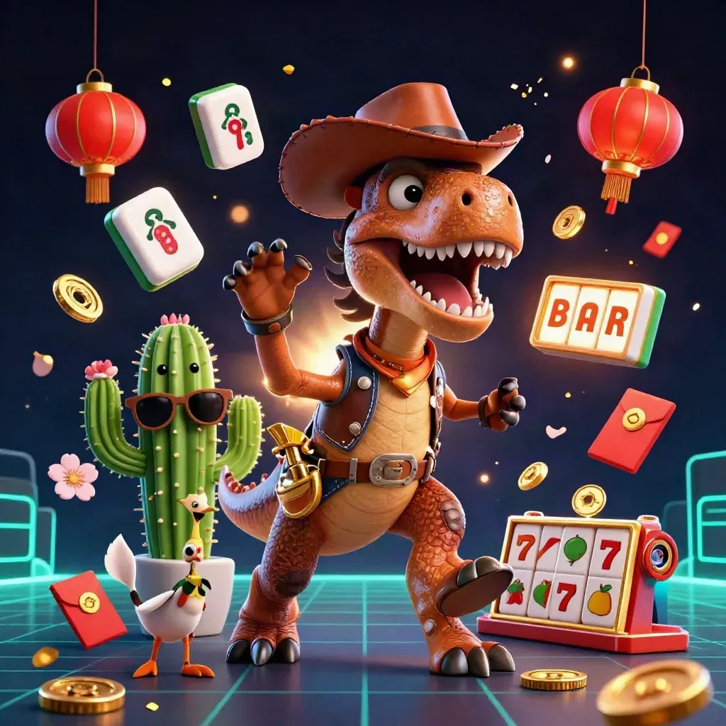 3D cowboy T-Rex, cactus sidekick, and roadrunner amid casino sparks and neon coins