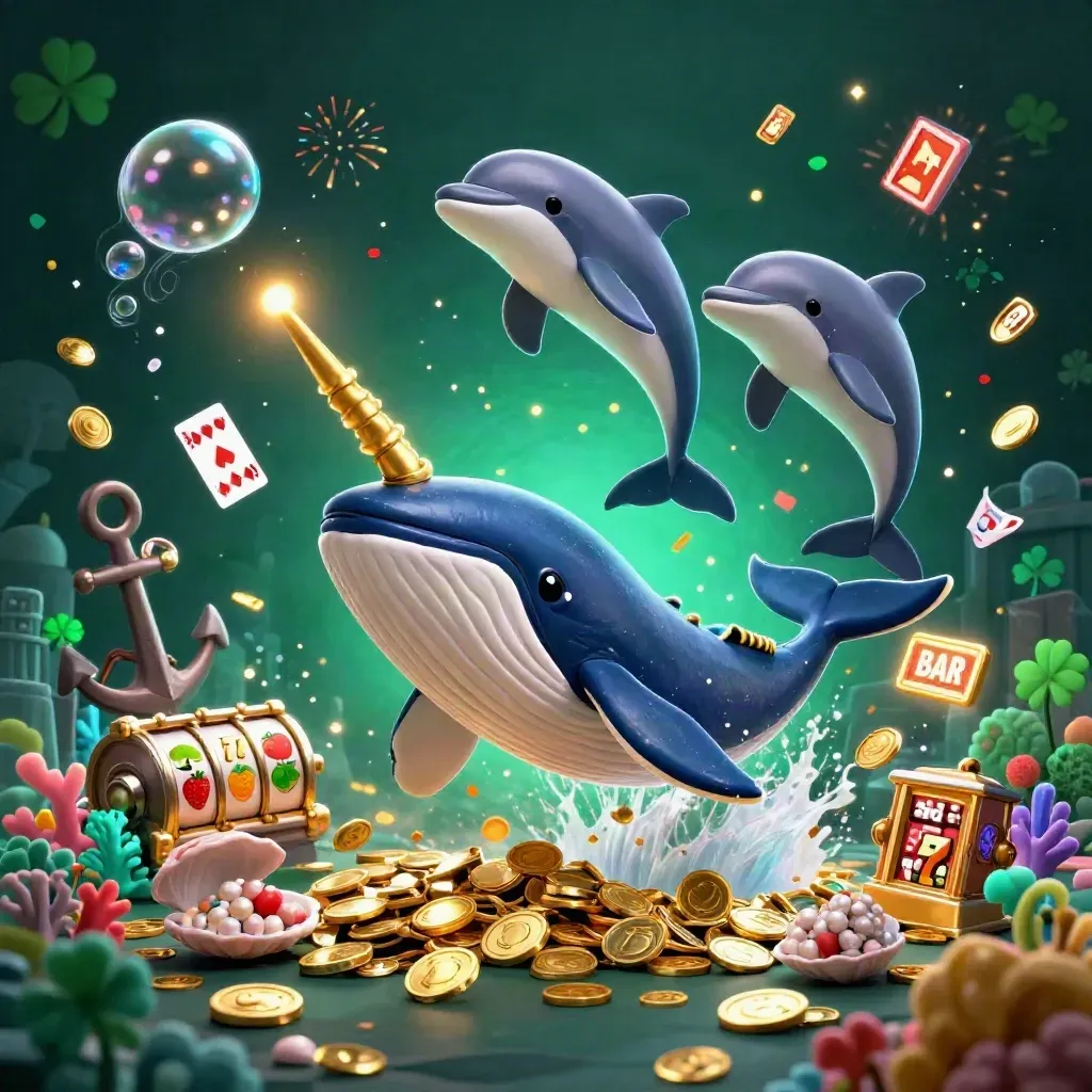 Captain whale, narwhal, and dolphins erupt from coins in a neon treasure cove.