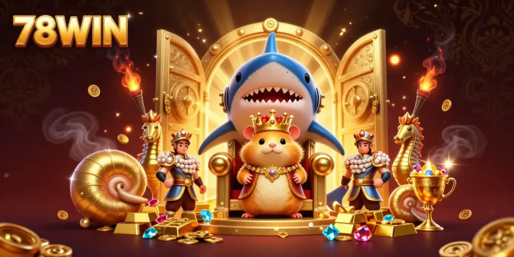 Experience the thrill of 78WIN with a fierce golden hamster king on a megalodon throne amidst treasures and gaming excitement.