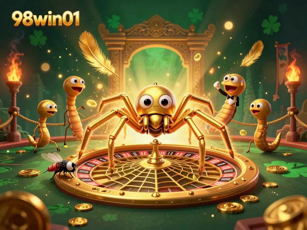 Experience thrilling bets with 98win01 as a spider spins a roulette web in an immersive casino scene.