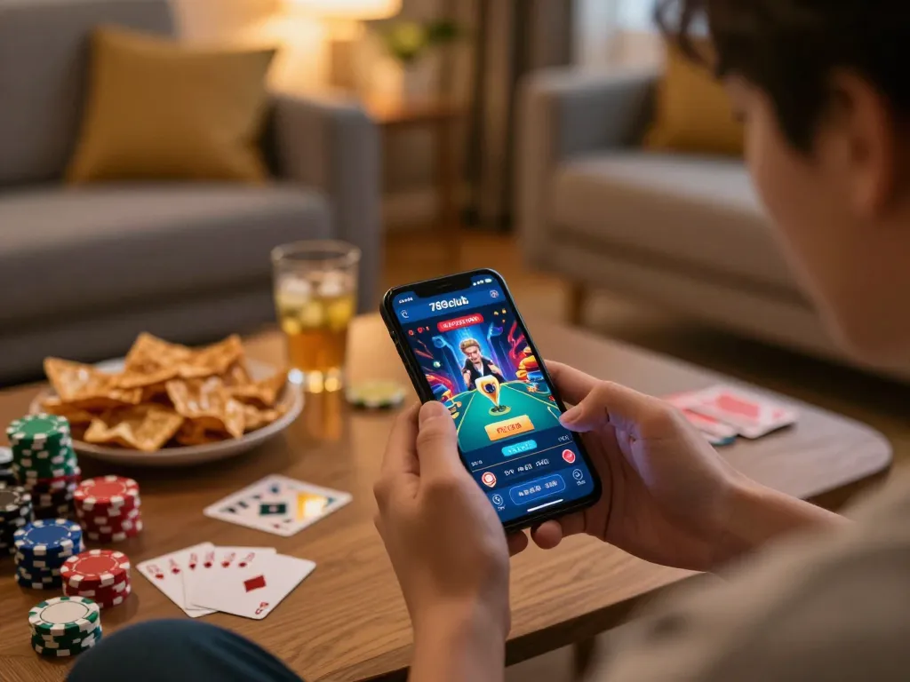 Người chơi tham gia tận hưởng phiên chơi game trên ứng dụng 789club trên smartphone của họ trong môi trường ấm cúng tại nhà