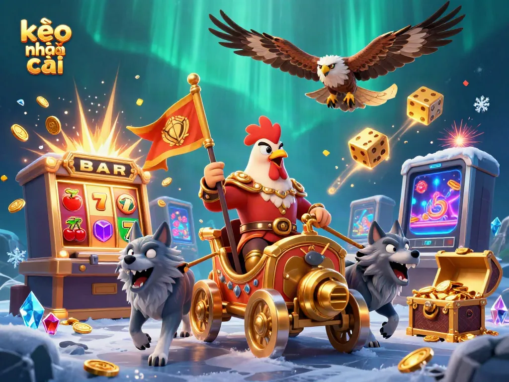 Kèo nhà cái showcasing a rooster warlord, wolves, and casino elements in an exciting 3D illustration