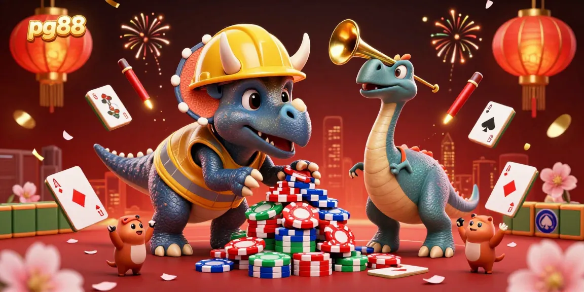 pg88 celebrates winning moments with a festive 3D cartoon illustration featuring a triceratops and lively gambling elements.