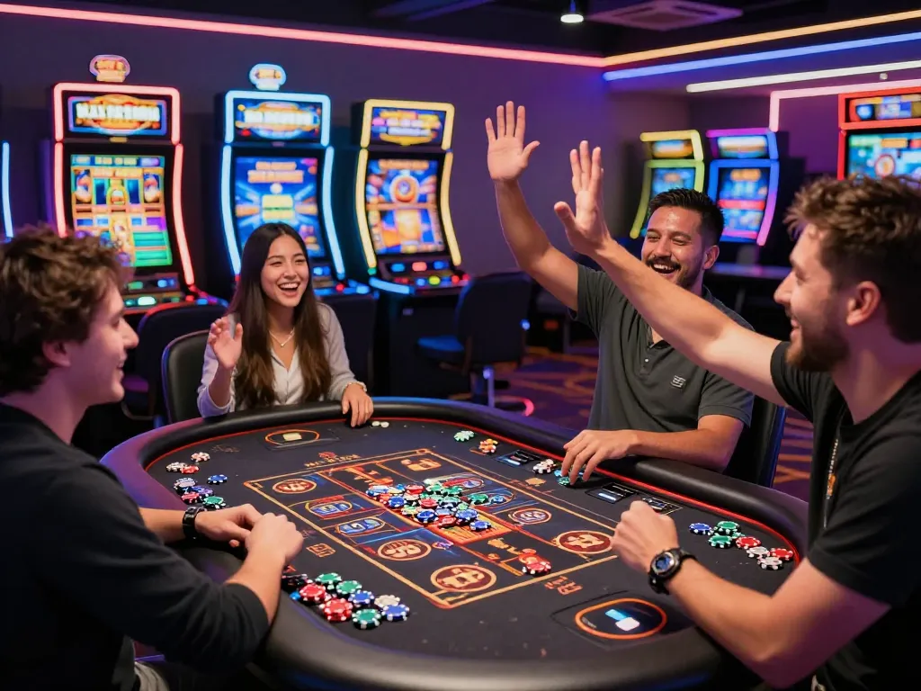Friends celebrating a win at BK8 casino, showcasing vibrant gaming atmosphere and excitement.