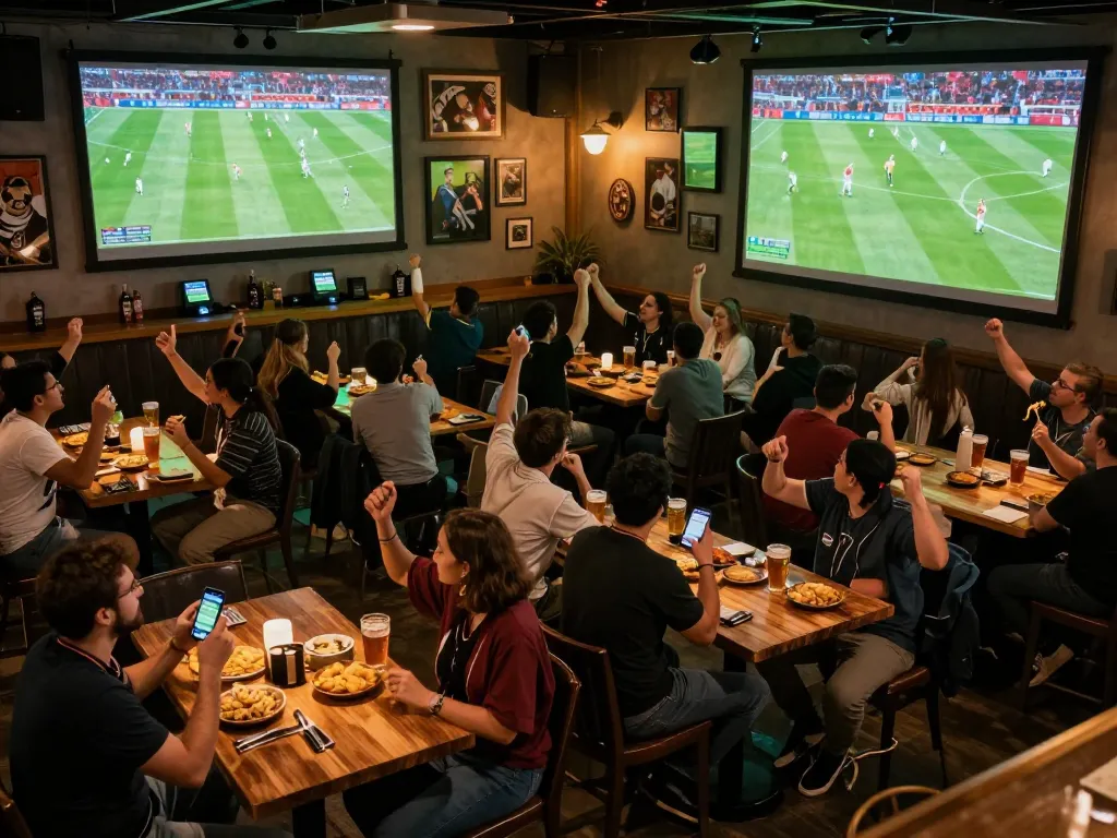 Cakhiatv users celebrating a live football match at a vibrant sports bar atmosphere